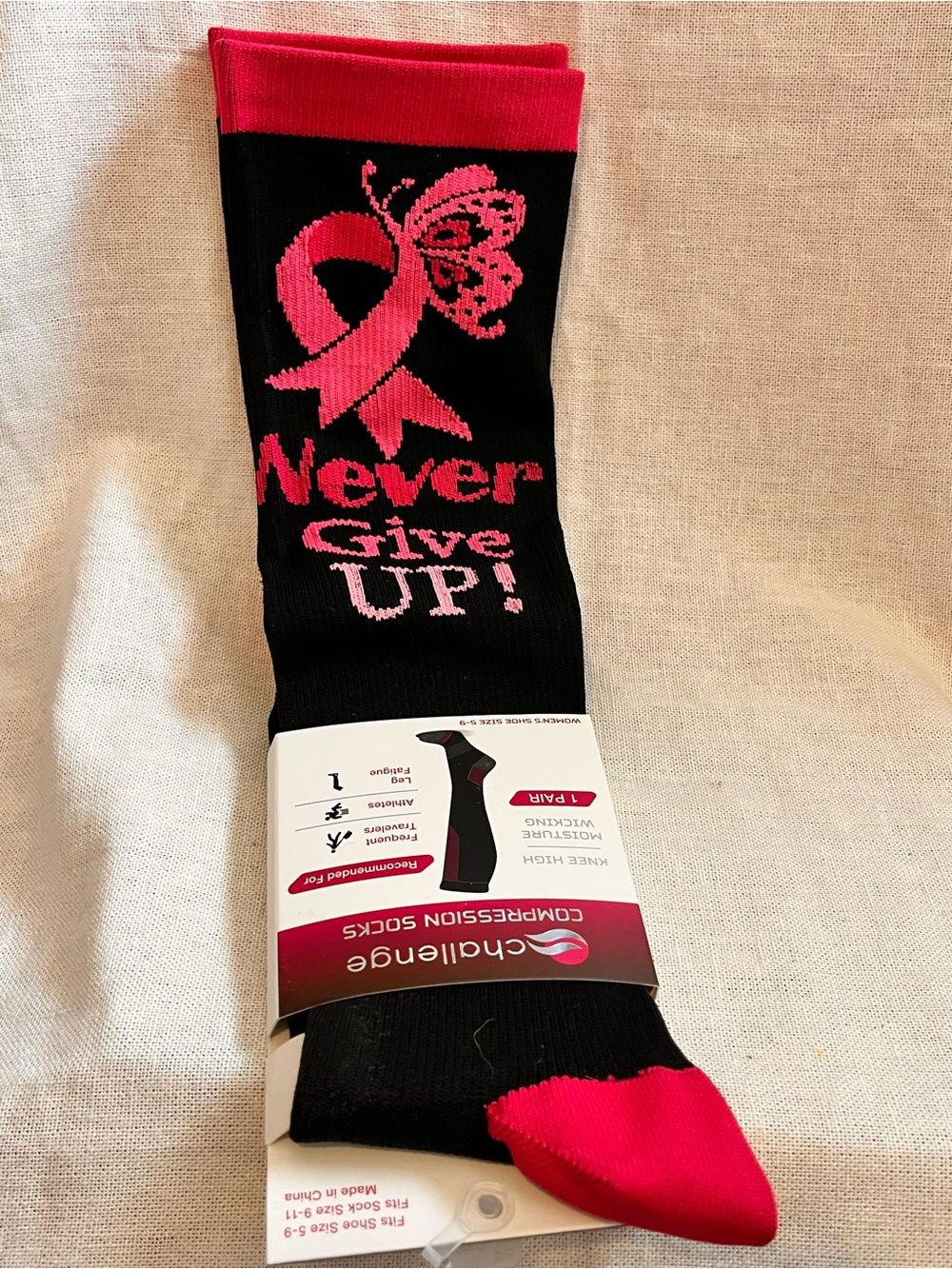Never Give Up Compression Socks - Black with Pink Accents